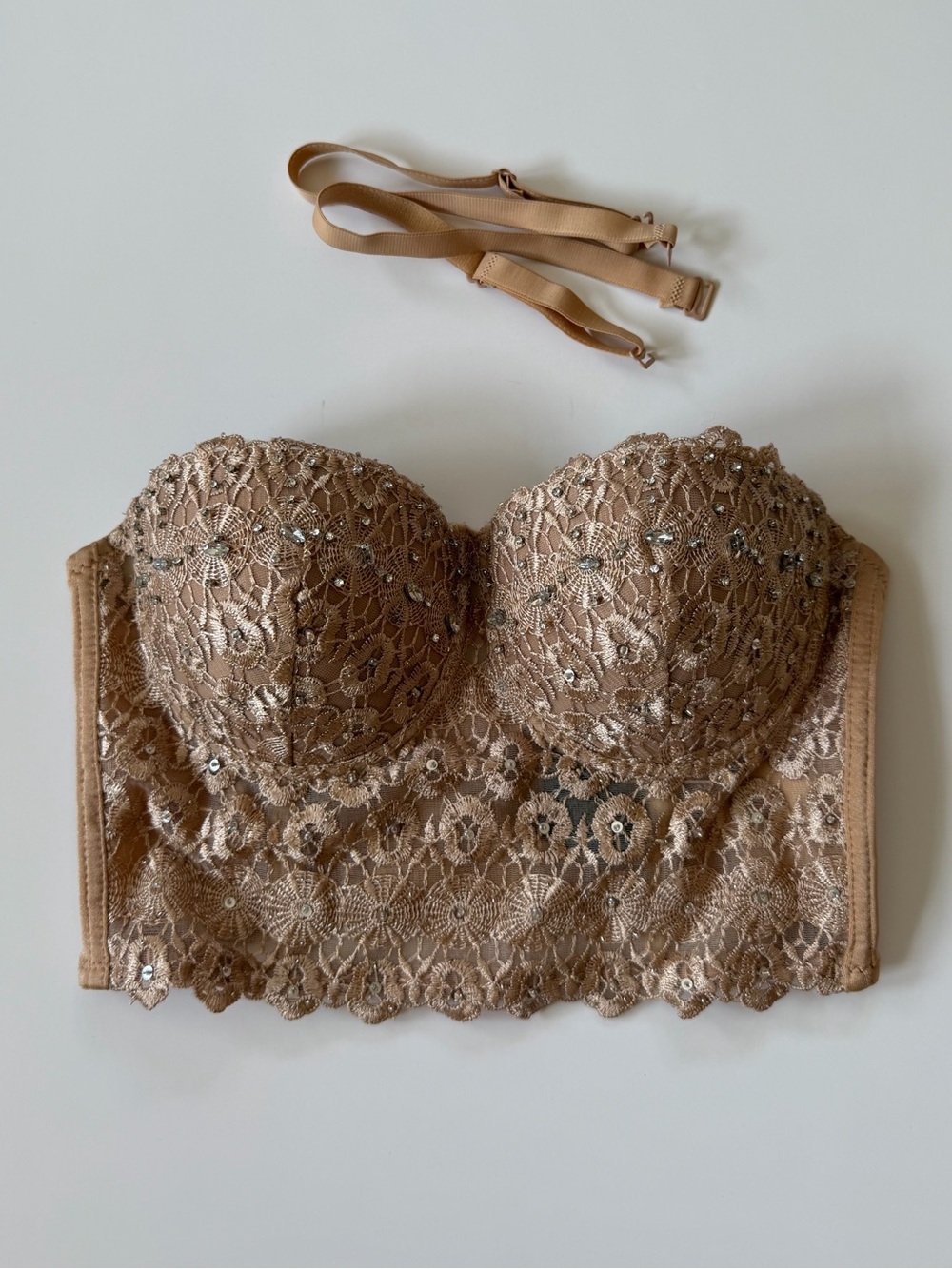 Windsor Tan Lace Longline Bustier Bra Sequin Embellished Corset Crop Top XS - Picture 6 of 13